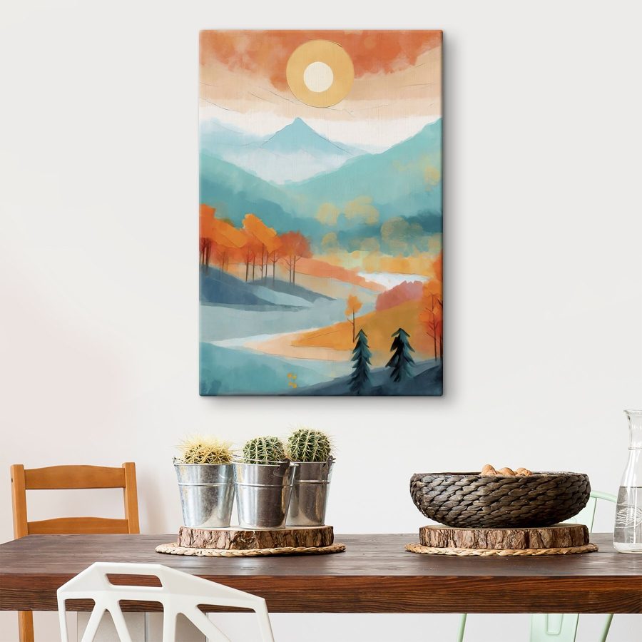 Painting of a landscape with trees and mountains Painting of a landscape with trees and mountains