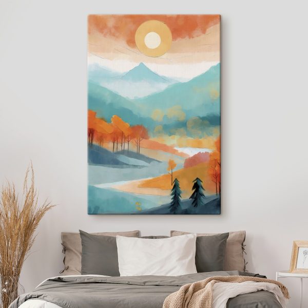 Painting of a landscape with trees and mountains Painting of a landscape with trees and mountains