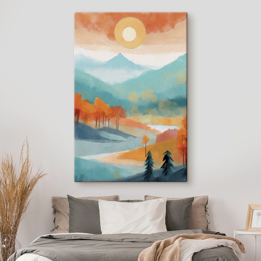 Painting of a landscape with trees and mountains Painting of a landscape with trees and mountains