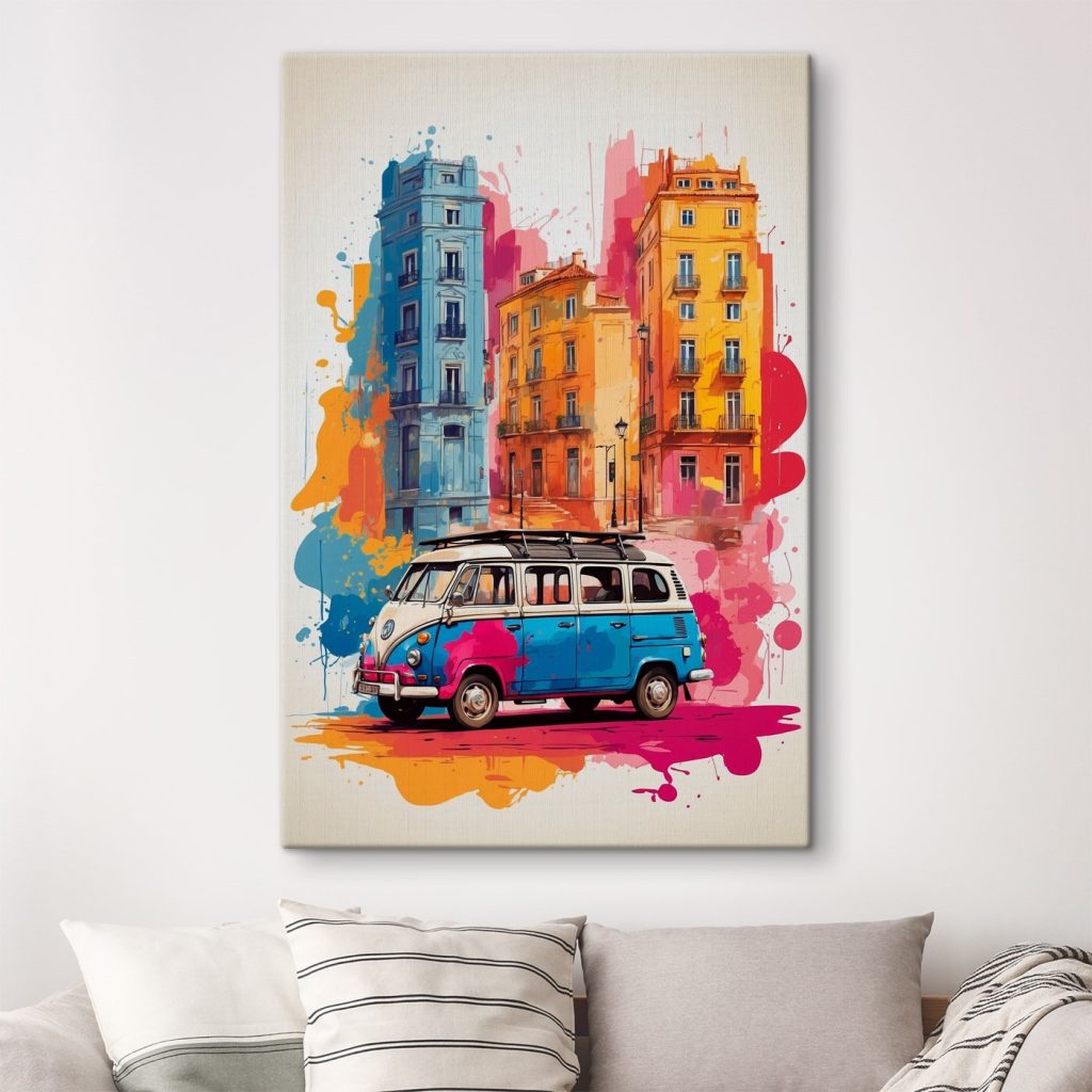 Van with a roof on the top and a colorful building