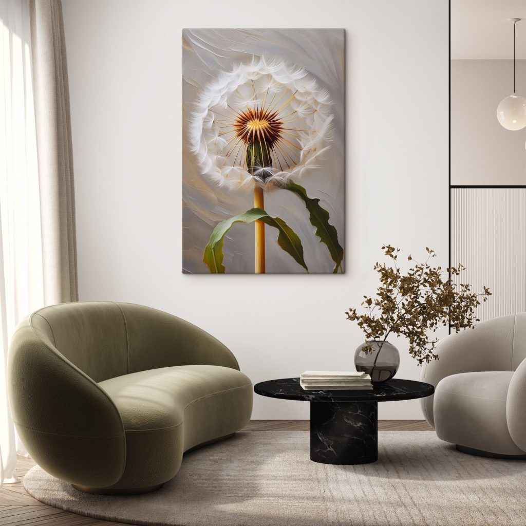 Dandelion with seeds flying in the air