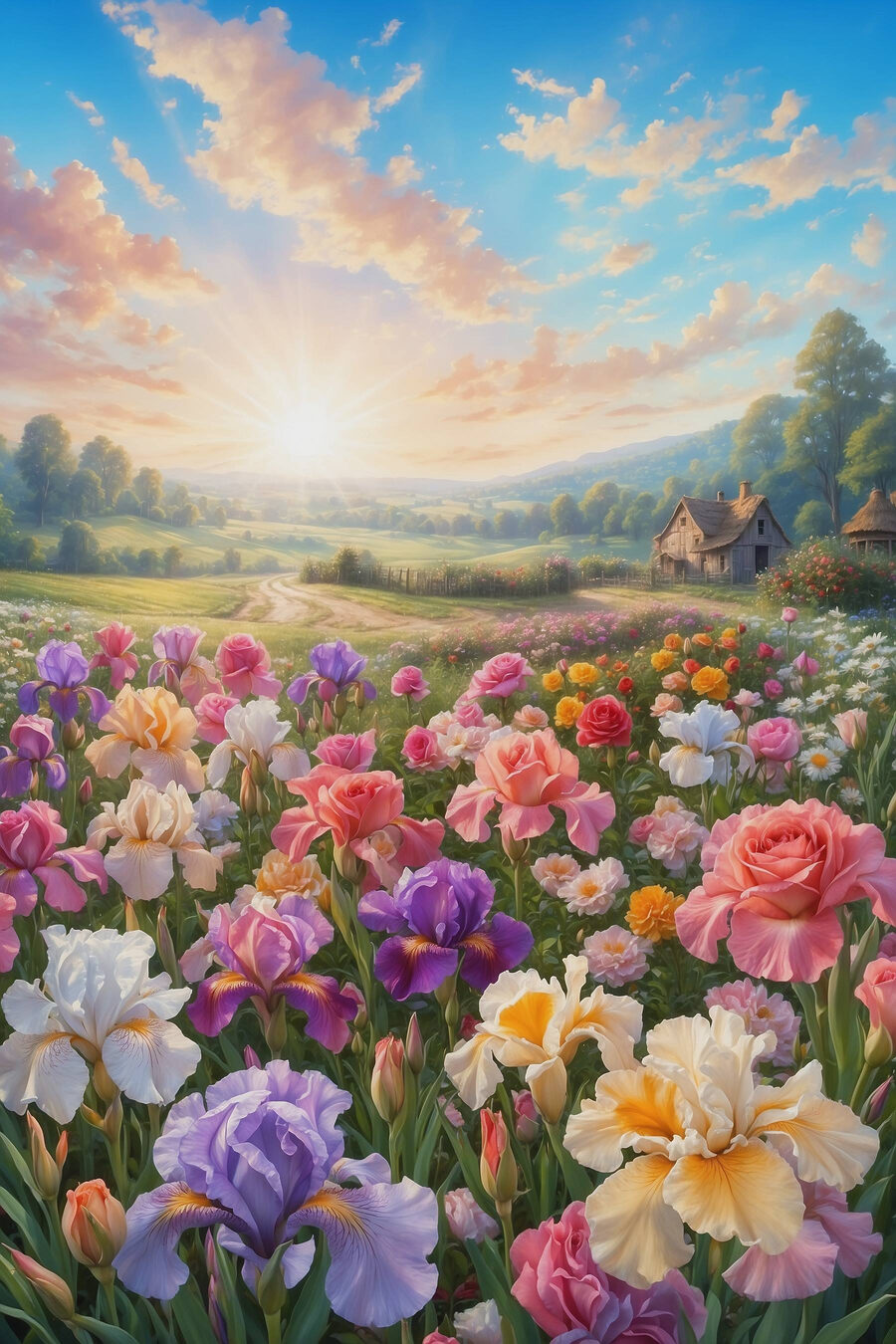 Field of flowers with a house in the background Field of flowers with a house in the background