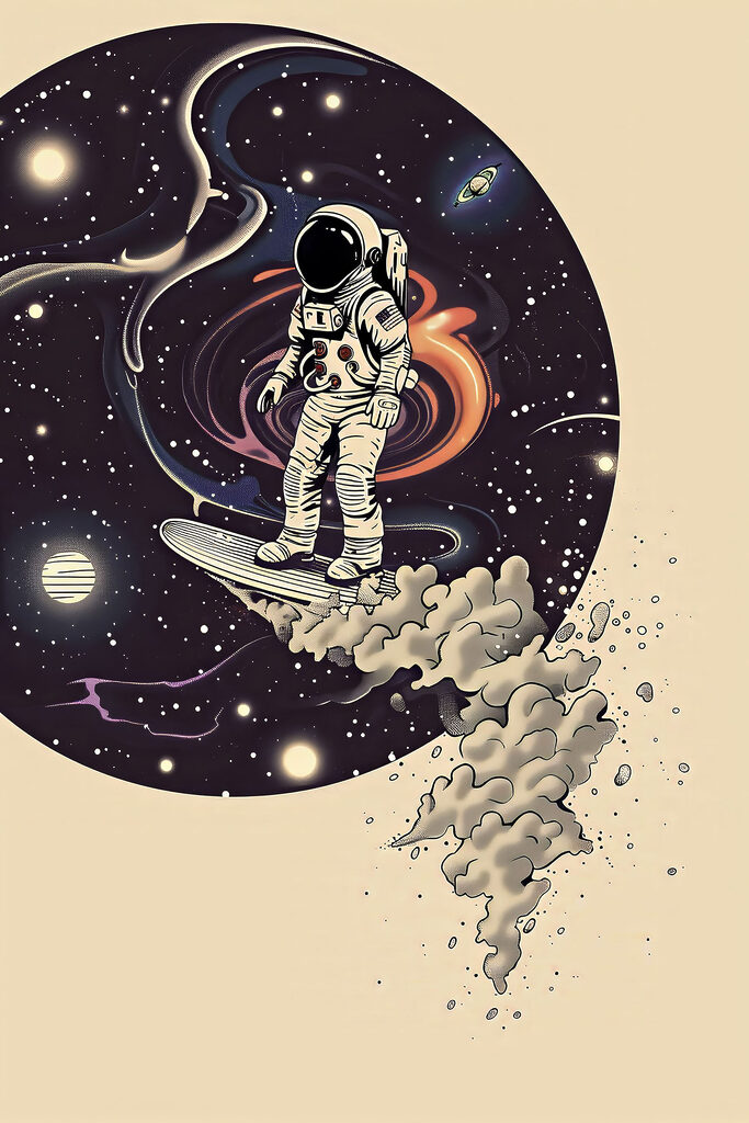 An astronaut on a surfboard in space An astronaut on a surfboard in space