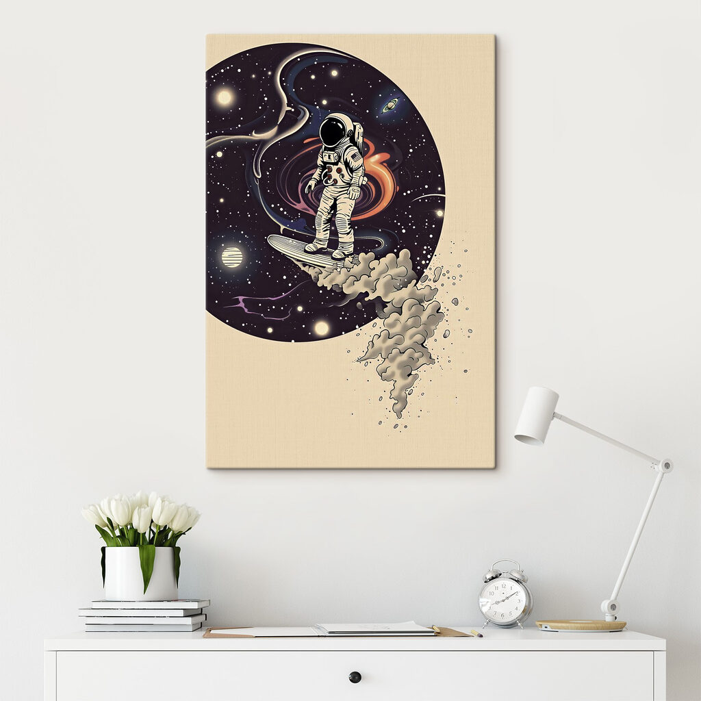 An astronaut on a surfboard in space An astronaut on a surfboard in space