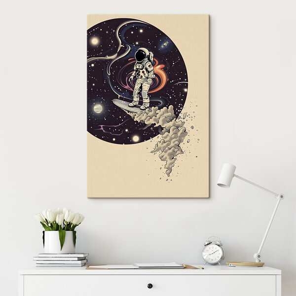 An astronaut on a surfboard in space An astronaut on a surfboard in space