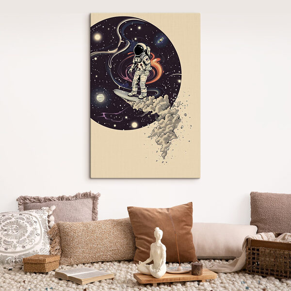 An astronaut on a surfboard in space An astronaut on a surfboard in space