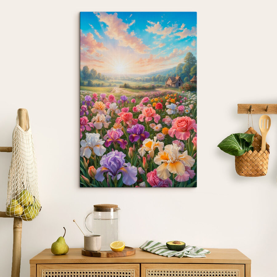 Field of flowers with a house in the background Field of flowers with a house in the background