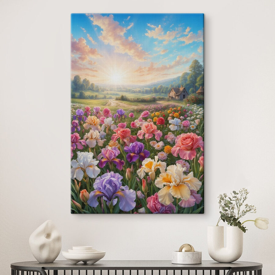 Field of flowers with a house in the background Field of flowers with a house in the background