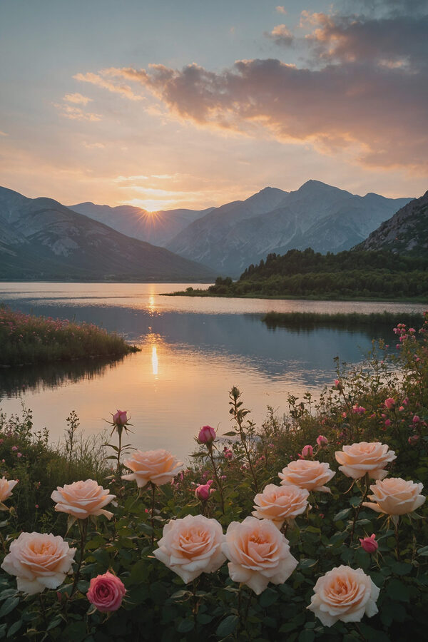 Lake with flowers and mountains in the background Lake with flowers and mountains in the background
