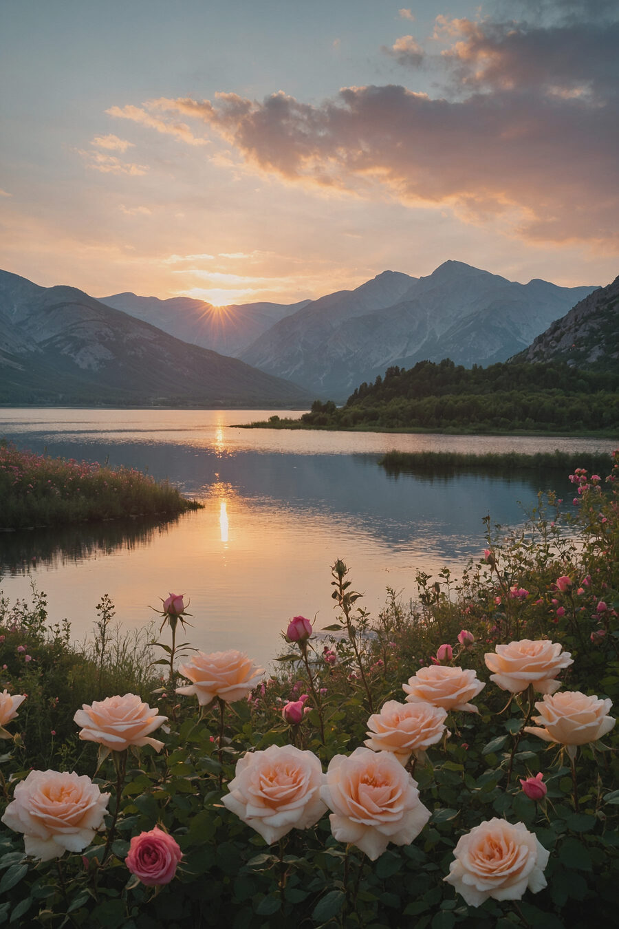 Lake with flowers and mountains in the background Lake with flowers and mountains in the background