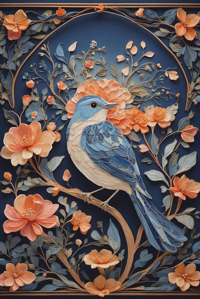Blue bird on a branch with flowers Blue bird on a branch with flowers