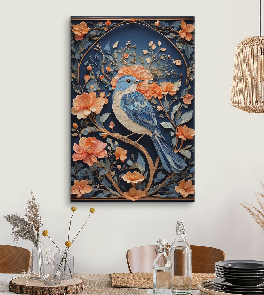 Blue bird on a branch with flowers Blue bird on a branch with flowers