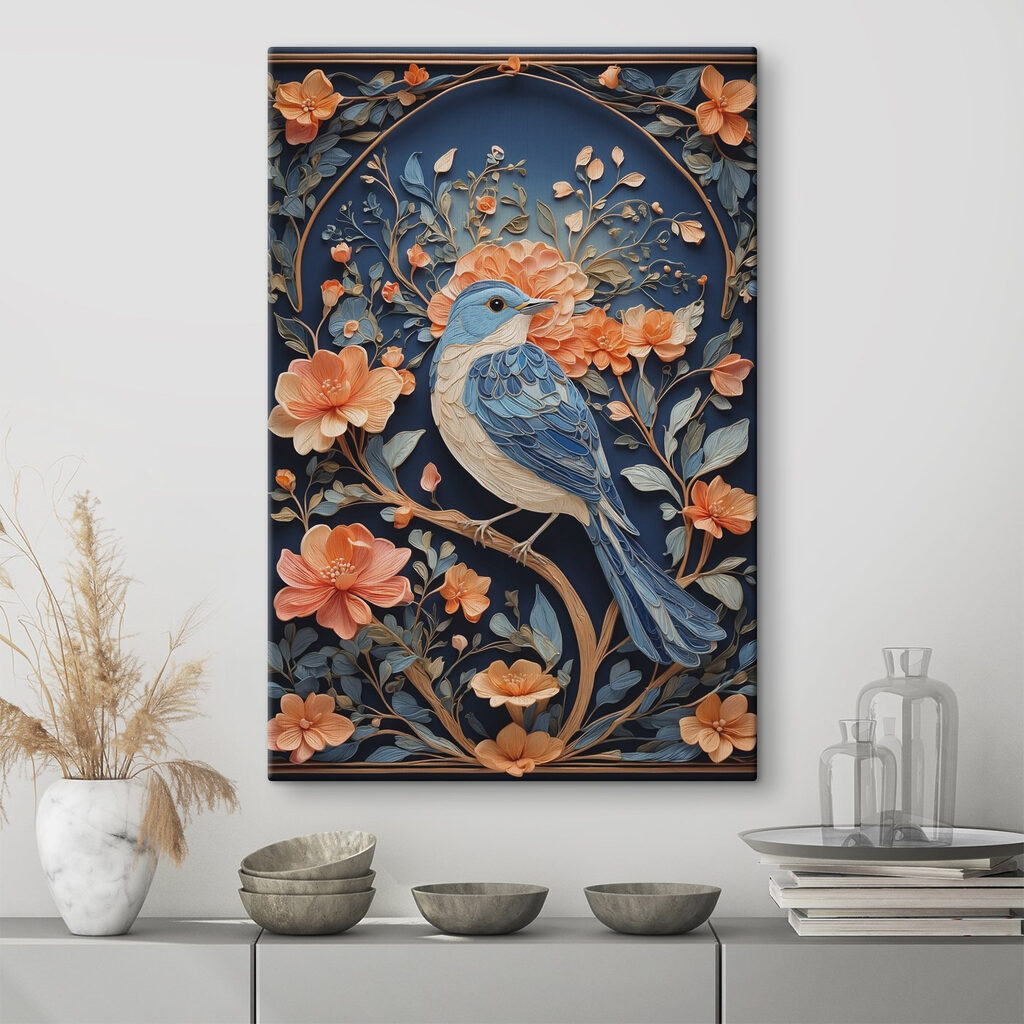 Blue bird on a branch with flowers Blue bird on a branch with flowers