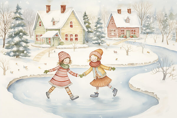 Couple of girls ice skating in a snowy landscape Couple of girls ice skating in a snowy landscape