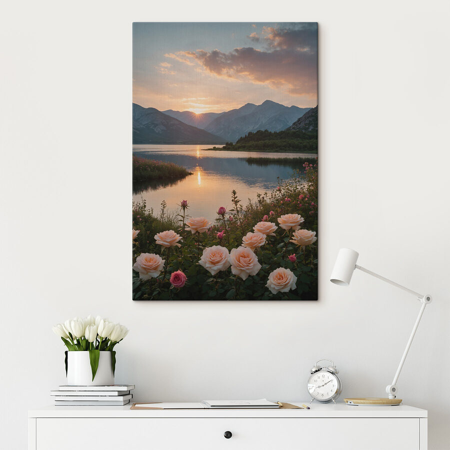 Lake with flowers and mountains in the background Lake with flowers and mountains in the background