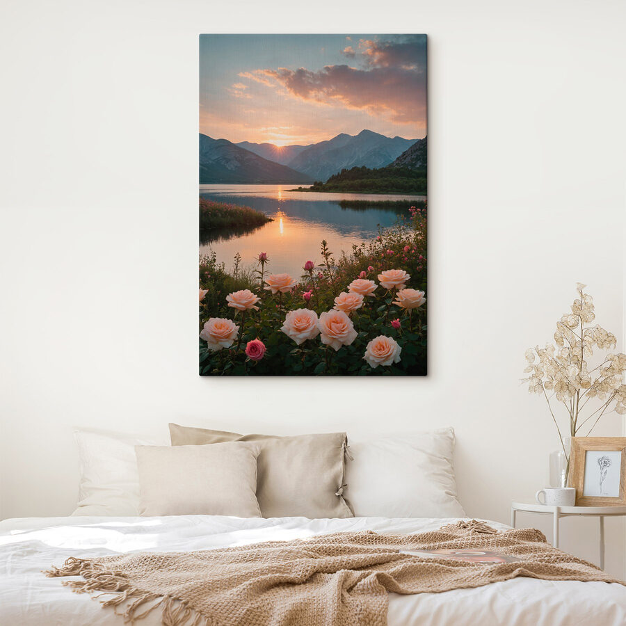 Lake with flowers and mountains in the background Lake with flowers and mountains in the background