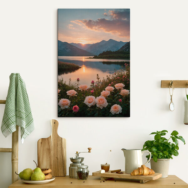 Lake with flowers and mountains in the background Lake with flowers and mountains in the background