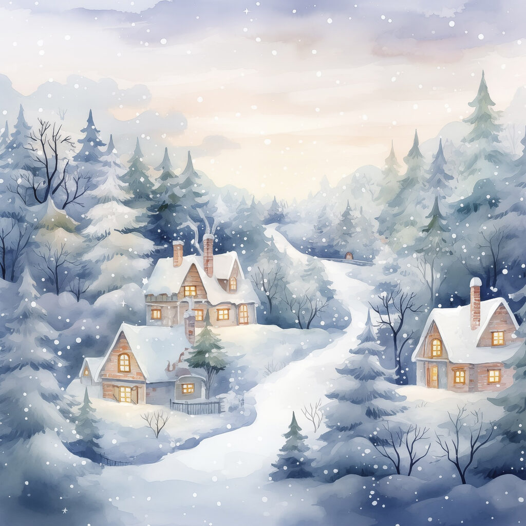 Painting of houses in a snowy forest Painting of houses in a snowy forest