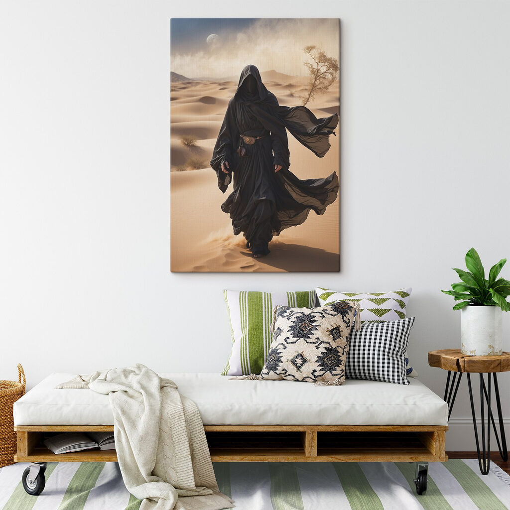 Person in a black robe walking in a desert