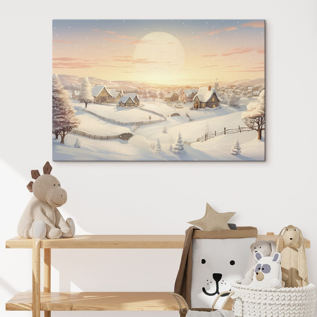 Snow covered village with trees and a fence