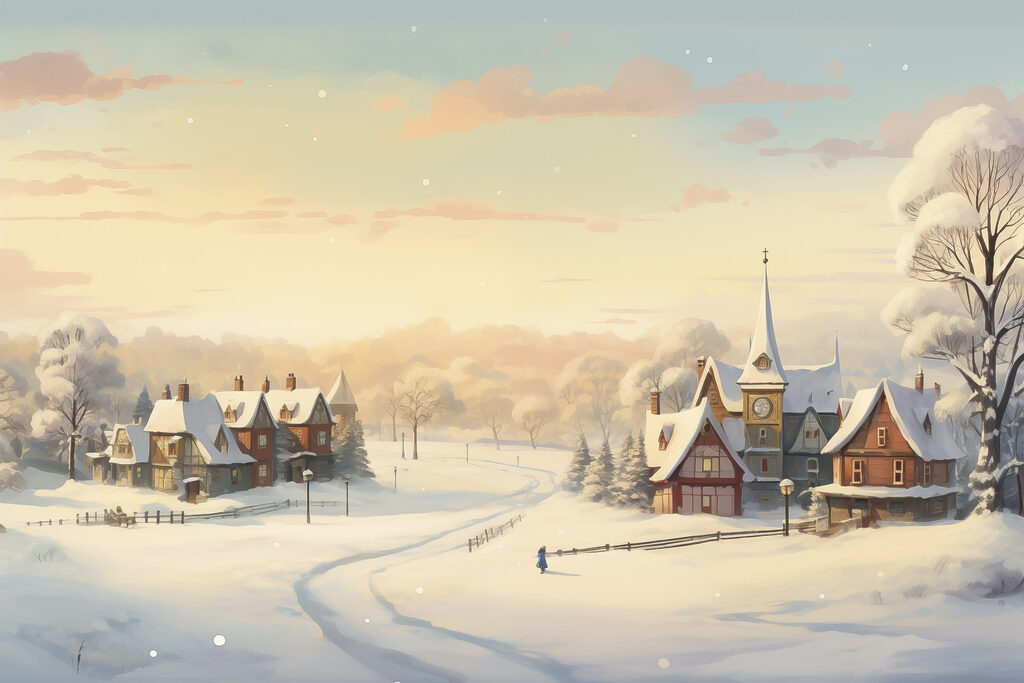 Snow covered town with a church and a road Snow covered town with a church and a road