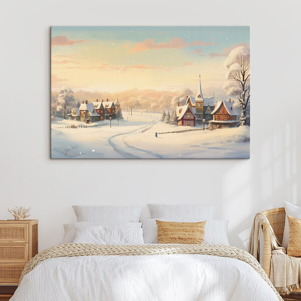 Snow covered town with a church and a road Snow covered town with a church and a road