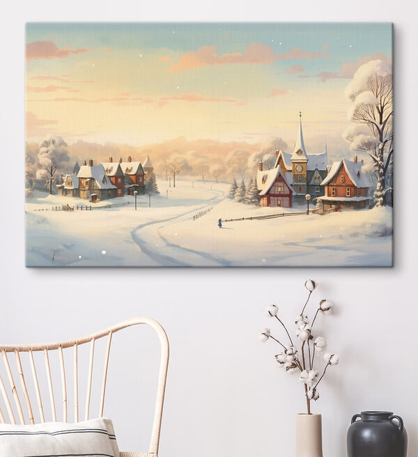 Snow covered town with a church and a road Snow covered town with a church and a road