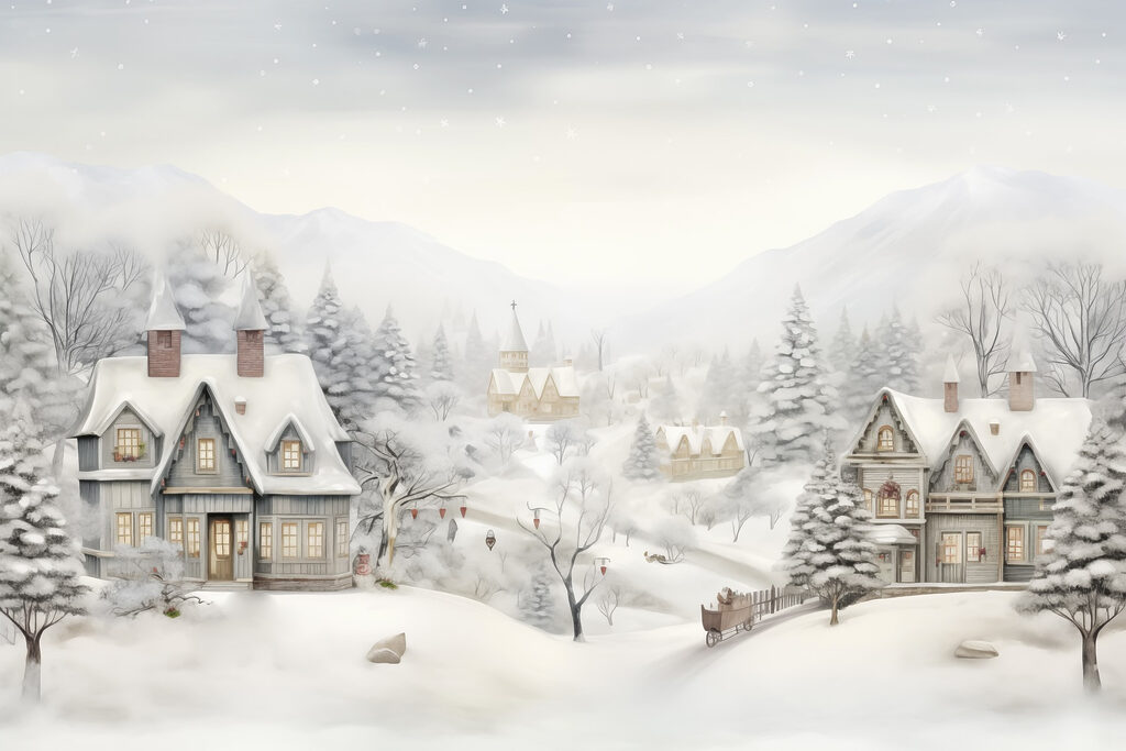 Snowy landscape with houses and trees Snowy landscape with houses and trees