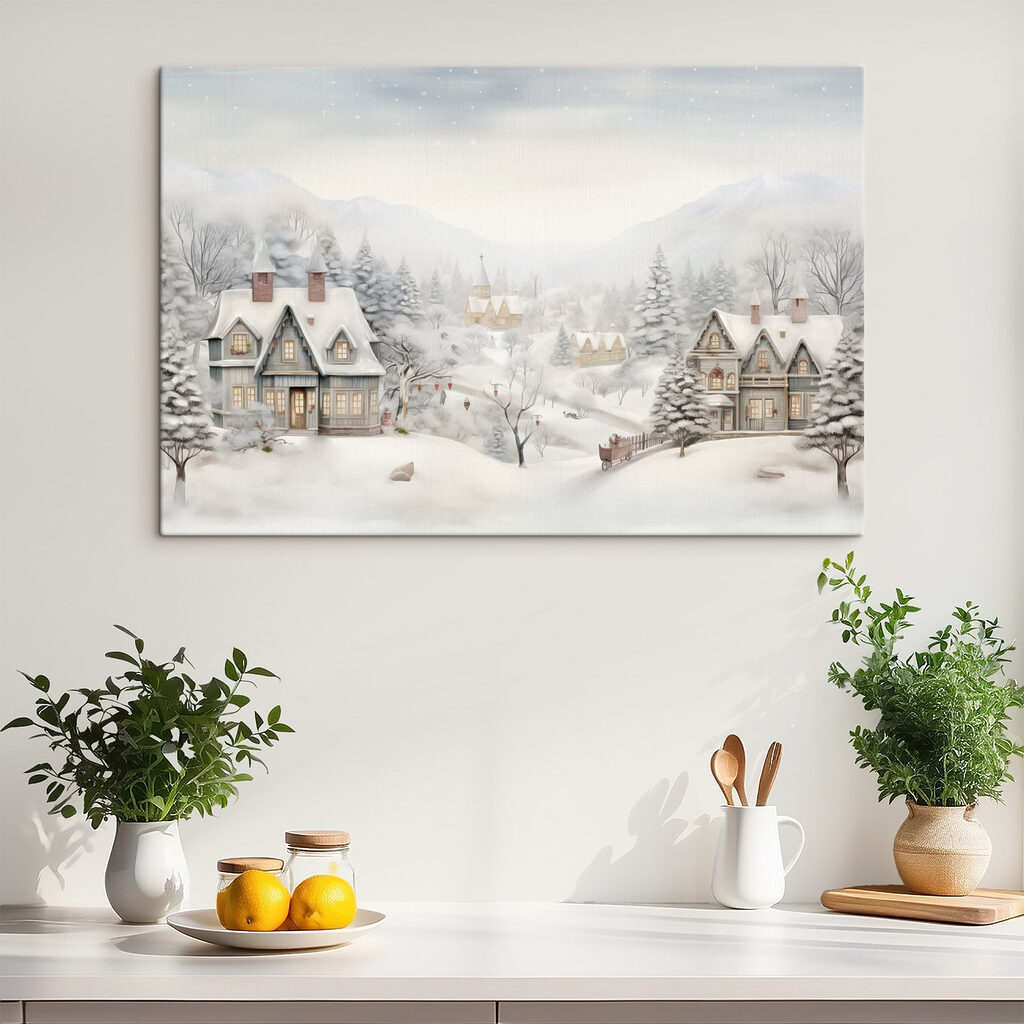 Snowy landscape with houses and trees Snowy landscape with houses and trees