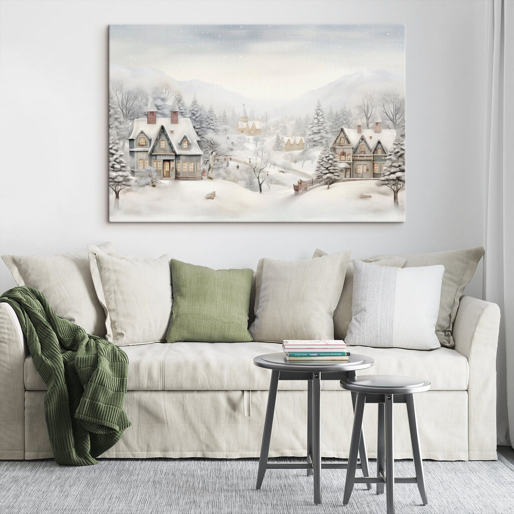 Snowy landscape with houses and trees Snowy landscape with houses and trees