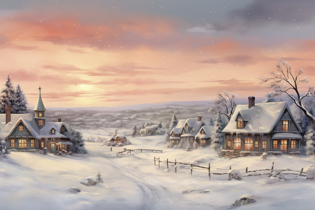 Snow covered village with houses and a fence Snow covered village with houses and a fence