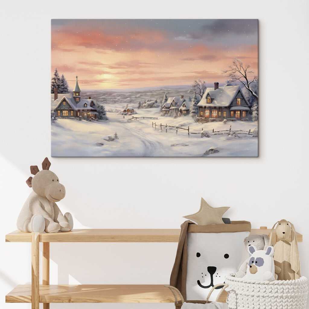 Snow covered village with houses and a fence Snow covered village with houses and a fence