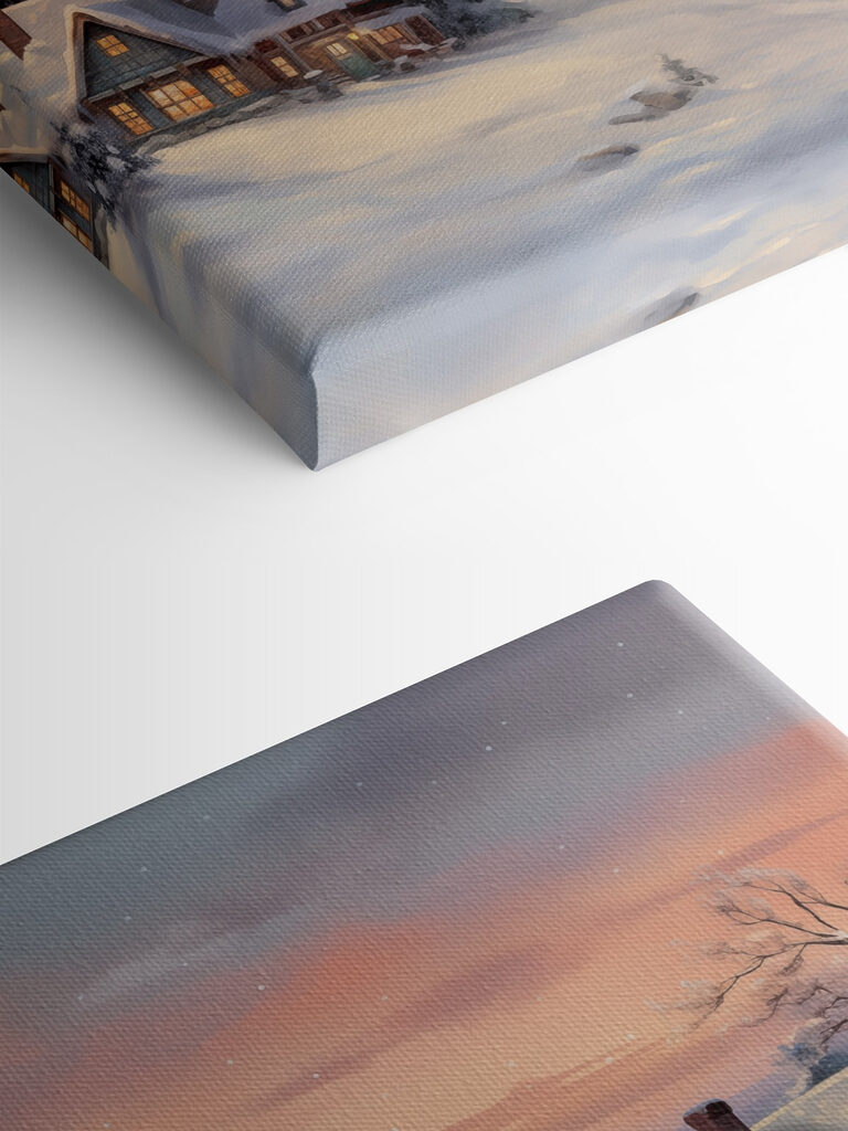 Snow covered village with houses and a fence Snow covered village with houses and a fence