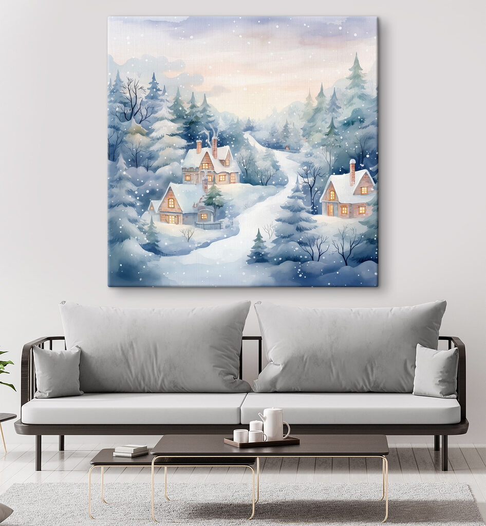 Painting of houses in a snowy forest Painting of houses in a snowy forest