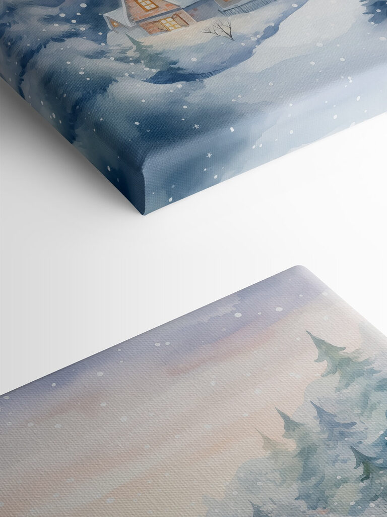 Painting of houses in a snowy forest Painting of houses in a snowy forest