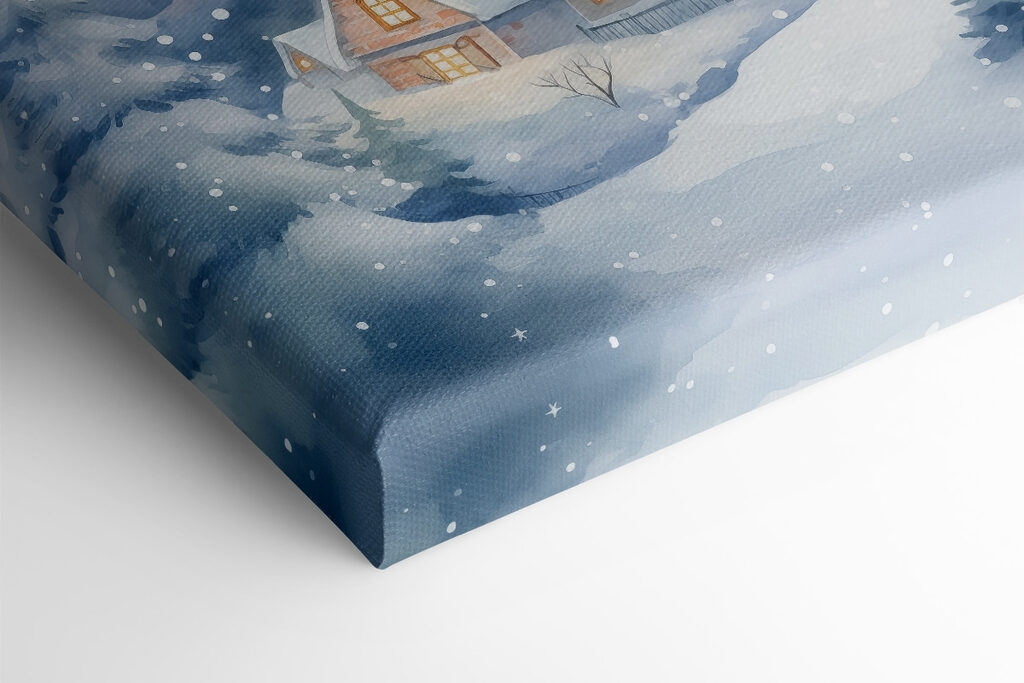 Painting of houses in a snowy forest Painting of houses in a snowy forest