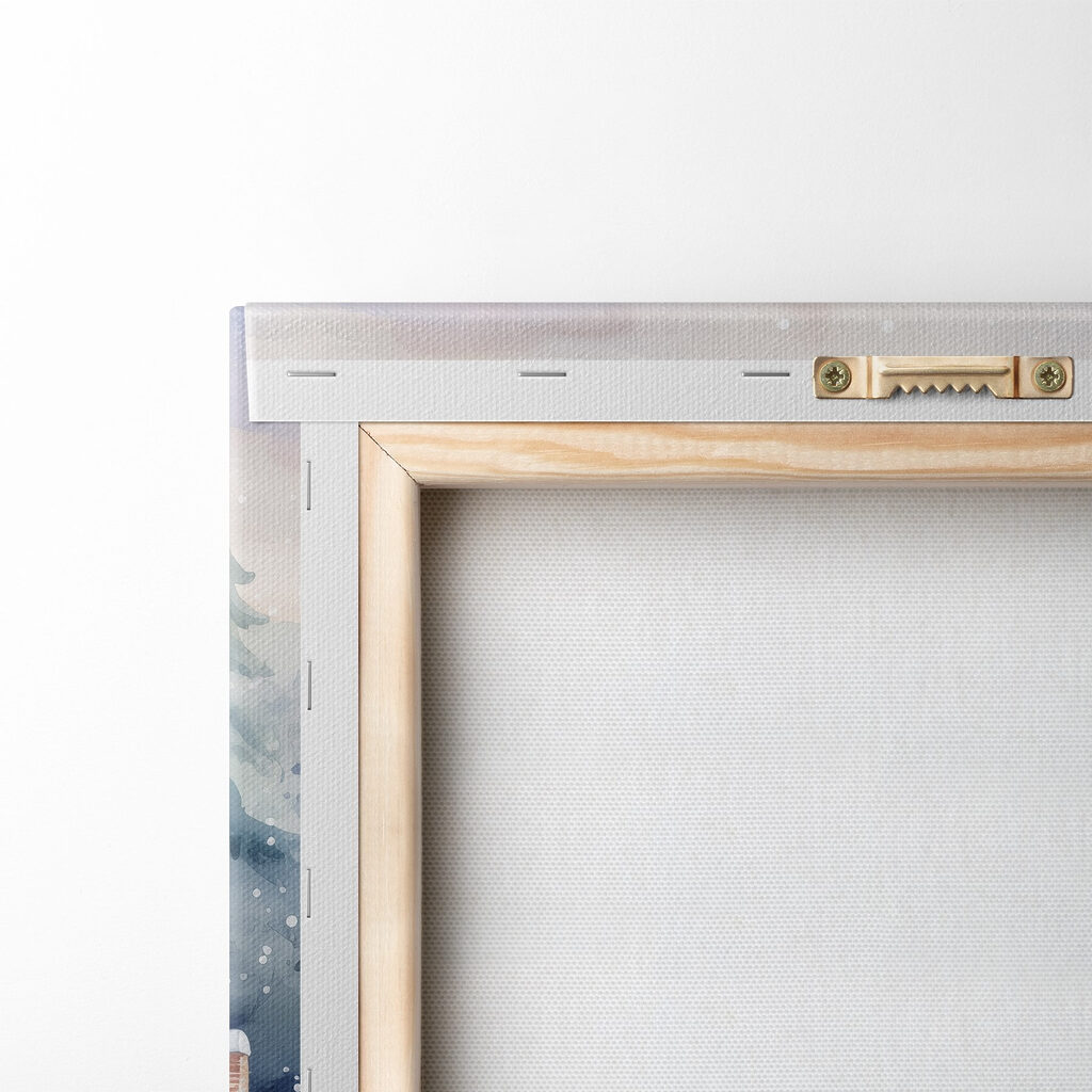 Painting of houses in a snowy forest Painting of houses in a snowy forest