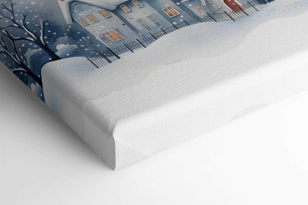Watercolor painting of houses and trees in the snow