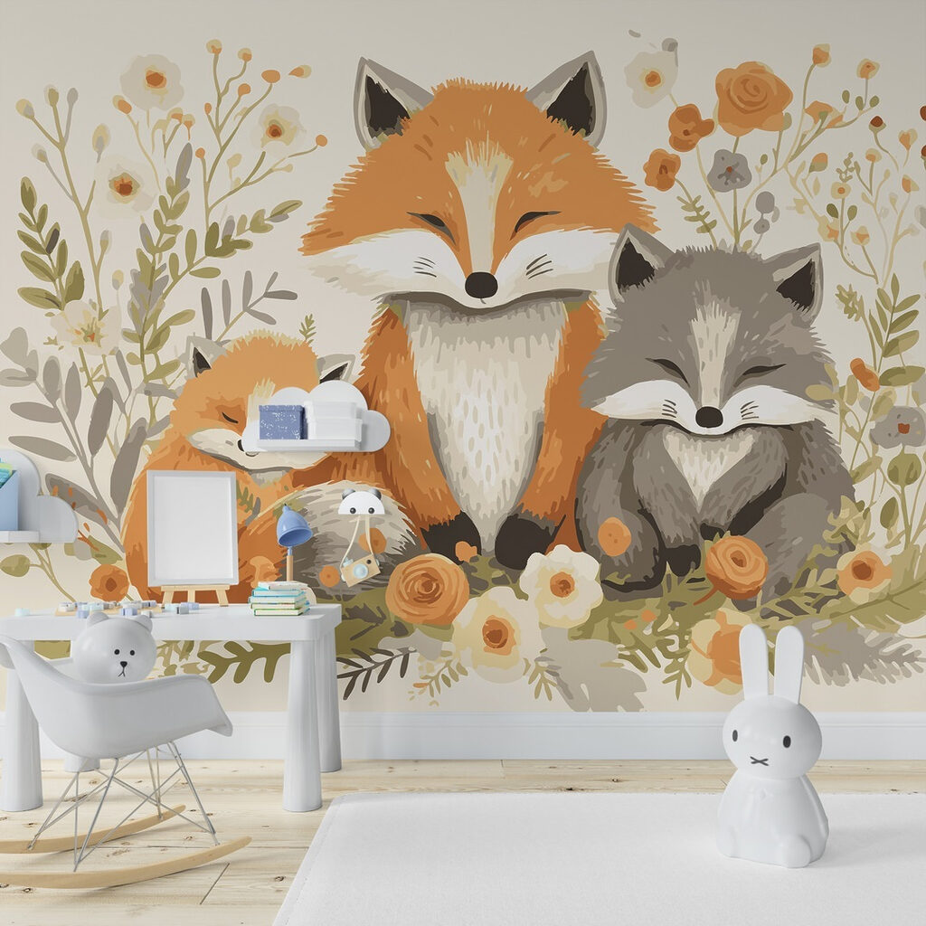 Fox and baby fox sitting in flowers Fox and baby fox sitting in flowers