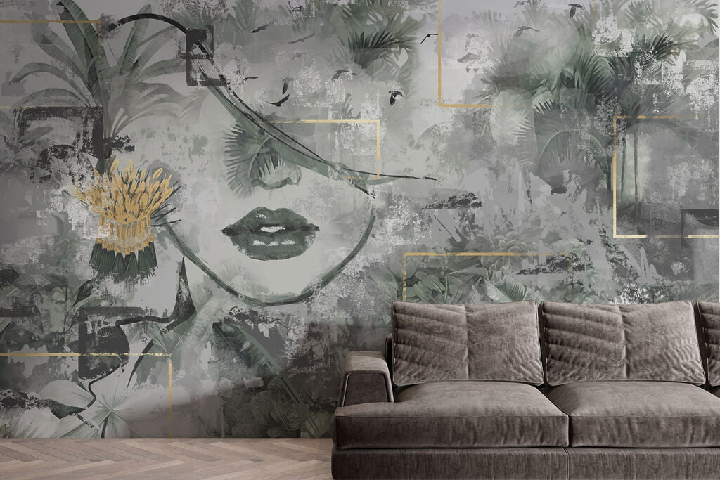 Painting of a woman's face and plants