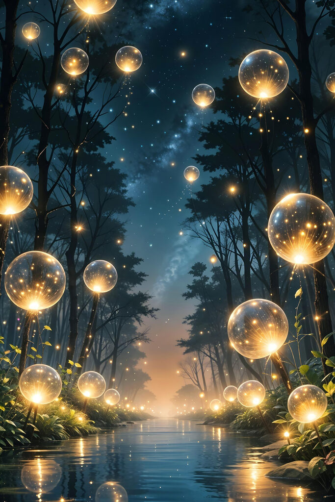 Glowing bubbles in a forest Glowing bubbles in a forest