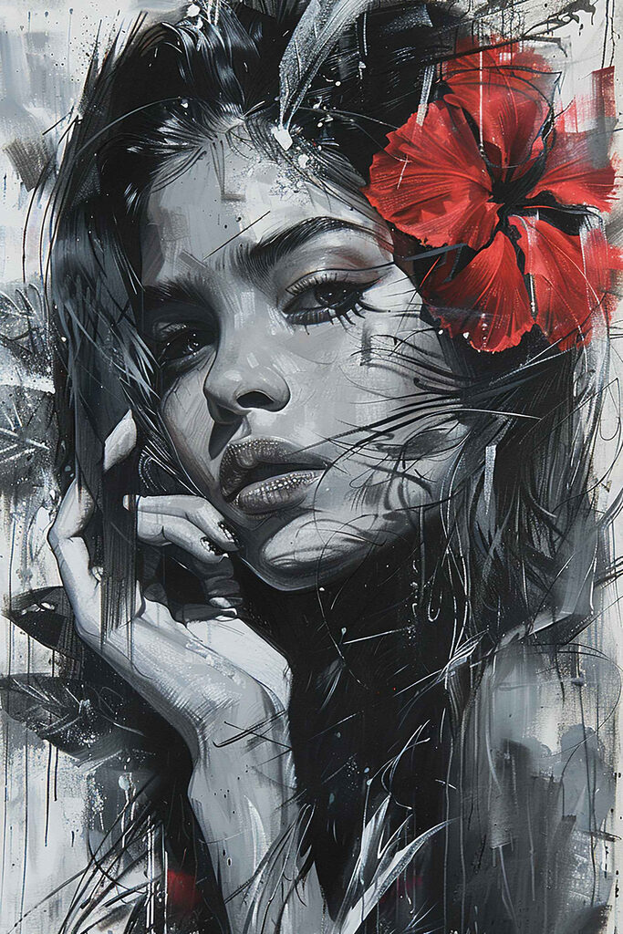 Painting of a woman with a red flower in her hair Painting of a woman with a red flower in her hair