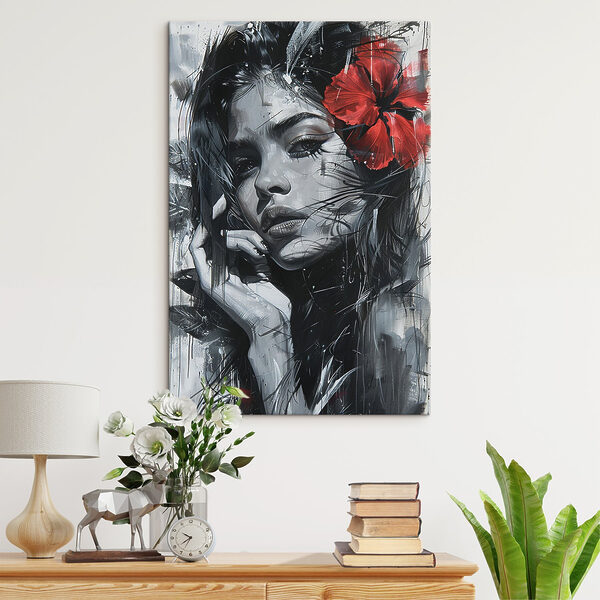 Painting of a woman with a red flower in her hair Painting of a woman with a red flower in her hair