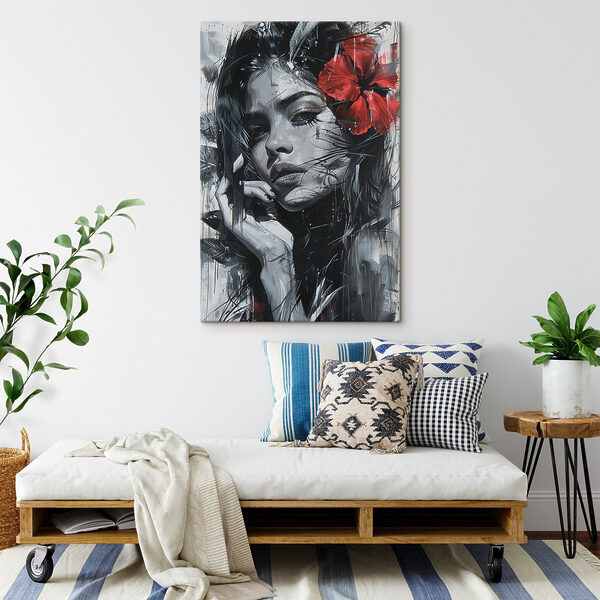 Painting of a woman with a red flower in her hair Painting of a woman with a red flower in her hair