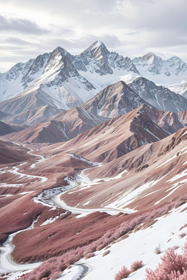 Snowy mountains with a winding road Snowy mountains with a winding road