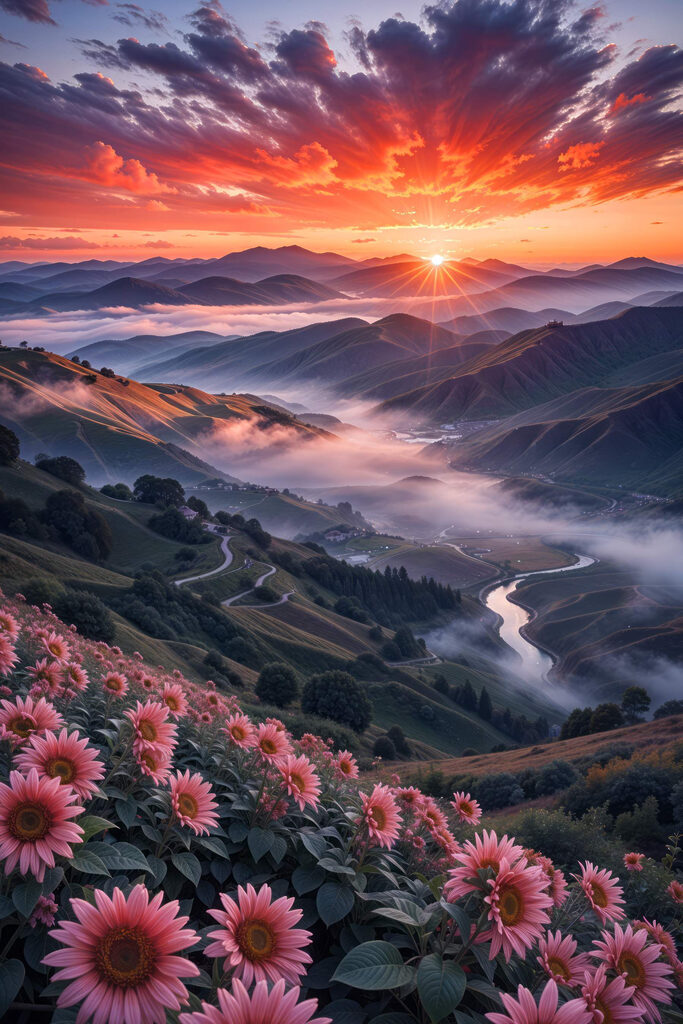 Valley with flowers and a river