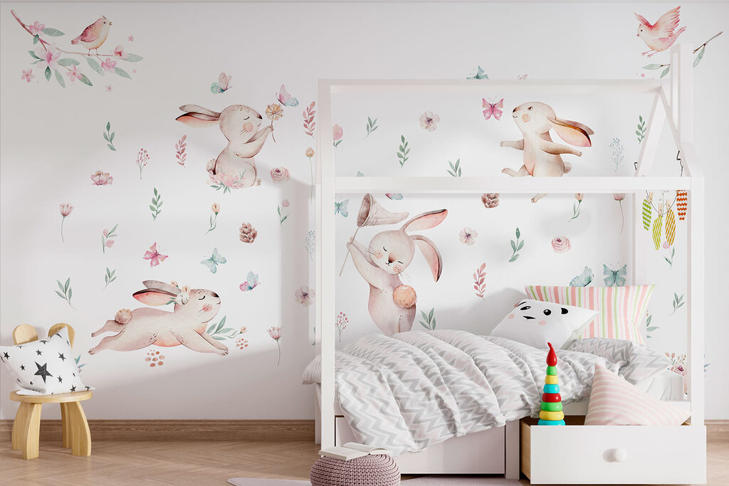 Group of rabbits with flowers and butterflies Group of rabbits with flowers and butterflies