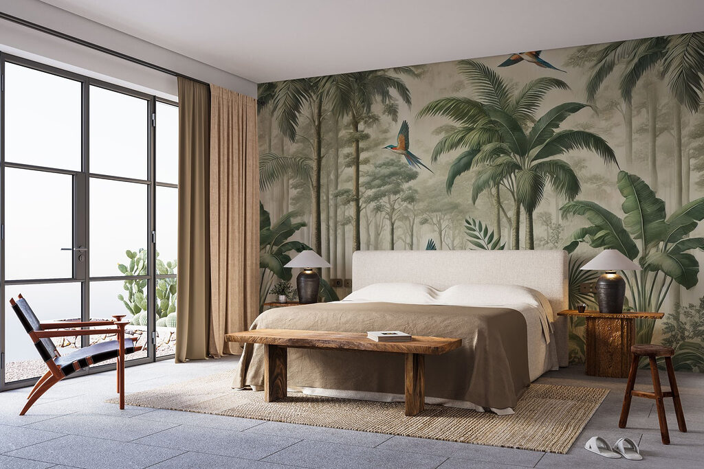 Mural of birds flying over a forest