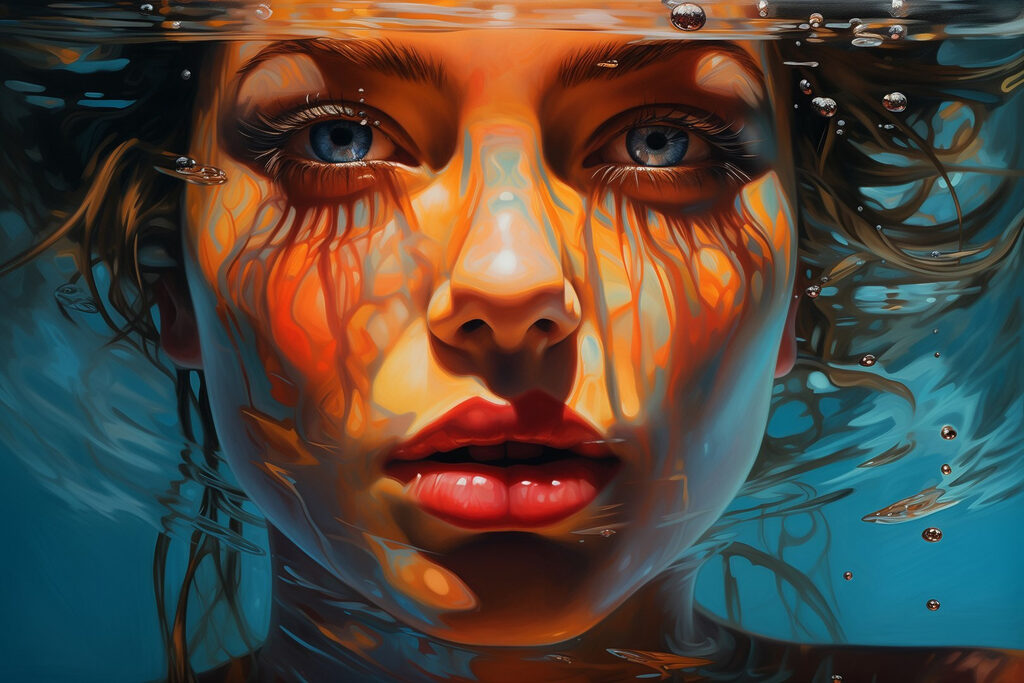 Woman under water with water droplets Woman under water with water droplets