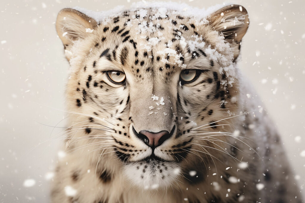 Snow leopard with snow on its head Snow leopard with snow on its head